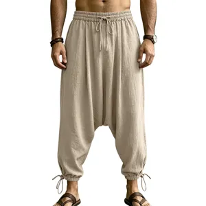 Men's casual linen harem pants with drawstring waist and ankle ties for summer street fashion.