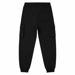 Vista posteriore di pantaloni cargo neri con tasche utili, vita elastica e polsini.