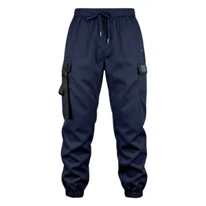 Men casual loose cargo pants with multi pockets and drawstring jogger hem for outdoor street.