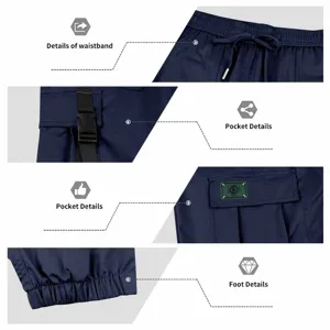 Detailed view of men's cargo pants showing waistband, multi-pockets, and elastic cuffs.