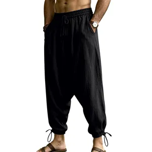 Men's Casual Linen Harlan Pants Loose Baggy Hip Hop Drawstring Cuffed Trousers Black