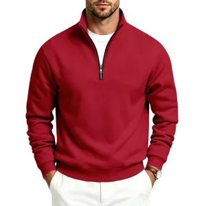 Sudadera roja de forro polar para hombre con media cremallera, jersey casual de cuello alzado invierno.