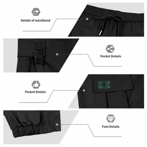 Men's loose multi-pocket cargo jogger pants with adjustable drawstring waistband details.