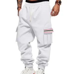 Mens white fleece lined cargo sweatpants with elastic drawstring waist and side utility pockets.