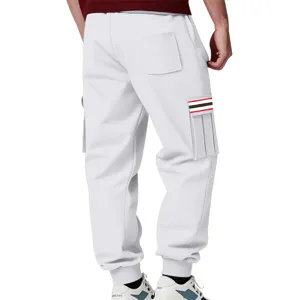 Men's casual fleece lined cargo sweatpants with multi pockets and striped pattern.