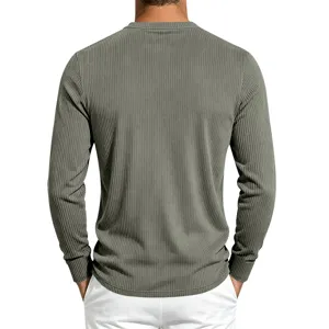 Men long sleeve ribbed casual shirt back view detail showing the great texture and fit.