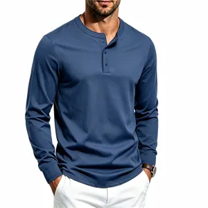 Heren effen kleur lange mouw Henley shirt casual slim fit basic t-shirt met knopen.