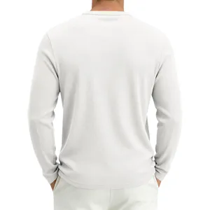 Herren Langarm Waffelstrick Freizeit Henley Shirt Rückseite Detail einfarbig weiss