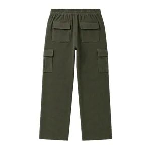 Back detail view of men's corduroy cargo pants, featuring multi pockets and drawstring.