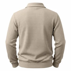 Back detail of men's casual waffle knit long sleeve polo shirt in beige color texture.