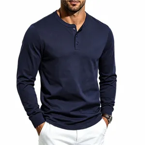 Heren lang mouw Henley shirt slim fit effen kleur casual trui t-shirt voor dagelijks