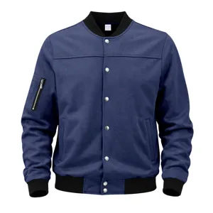 Men's blue suede bomber jacket detail featuring snap buttons, sleeve zip pocket and ribbed hem.