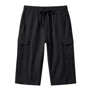 Zwarte linnen cargo capri voor heren, casual losse zomerse korte broek met trekkoord.