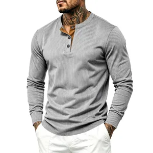 Men's retro long-sleeve Henley shirt with contrast placket and comfortable casual design.