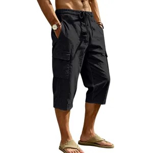 Heren zwarte casual cargo korte broek linnen mix ademende zomer driekwart broek