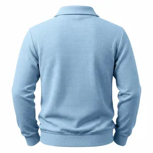 Back view of light blue waffle knit polo sweatshirt for men, casual waffle textured top.