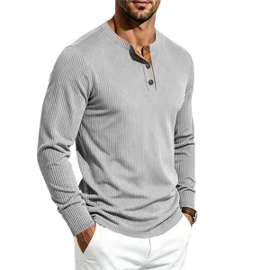 Men's casual long sleeve henley shirt, vintage ribbed knit pullover with contrast button placket.