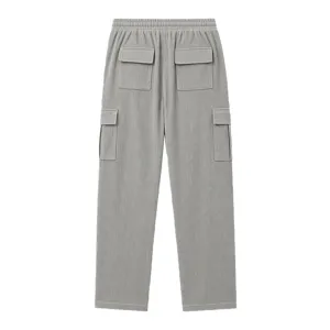Men's grey corduroy cargo pants with drawstring waist, multi pockets, and casual straight fit.