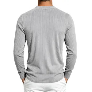 Back detail view of men's grey ribbed long sleeve shirt, showing fabric texture and fit.