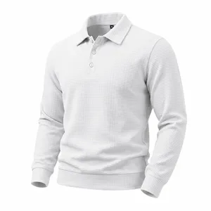 Men long sleeve waffle knit polo sweatshirt, casual basic pullover with collar and buttons in white.