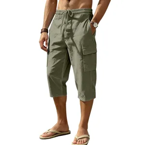 Heren linnen cargo shorts detail weergave, losse pasvorm olijfgroene zomer korte broek.