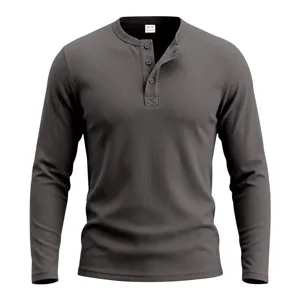 Herren Langarm Henley Shirt gerippt Freizeit Oberteil einfarbig retro bequeme Alltagskleidung