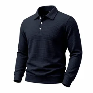 Men's heavy waffle knit long sleeve polo sweatshirt for comfortable daily casual wear
