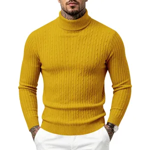 Herren gelber Zopfmuster Rollkragen Pullover Slim Fit Langarm bequemes Freizeitoberteil.