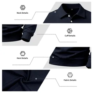 Men's navy blue waffle knit polo sweatshirt with long sleeves and casual fit detail.