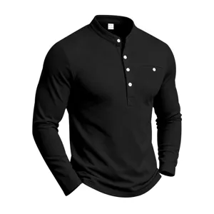 Herren Langarm Henley Shirt in Schwarz mit Knopfleiste und Brusttasche Strickoberteil.