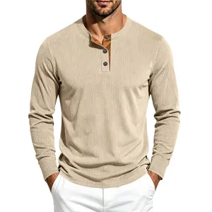 Men's Vintage Long Sleeve Henley Shirt Casual Contrast Color Regular Fit Corduroy Top Autumn Fashion Pullover Clothing