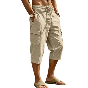 Heren casual linnen cargo shorts zomer losse pasvorm driekwart lengte broek met zakken.