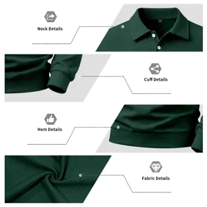 Mens waffle knit polo sweatshirt detail showcasing collar, cuff, hem and fabric texture.