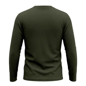 Männer einfarbig Armeegrün langärmelig gerippt Strick Henley Shirt Rückseite Detail.