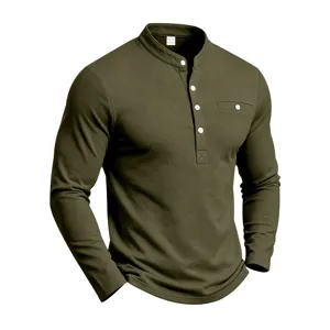 Herren Langarm Henley Shirt, lässiger Strick Stehkragen Pullover mit Brusttasche Design.
