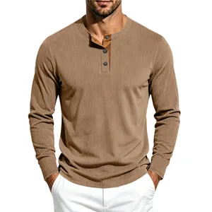 Men's vintage long sleeve Henley shirt casual outdoor contrast color top fashion clothing