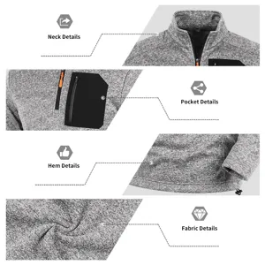 Nahaufnahme des grauen Fleece-Pullovers mit halbem Reißverschluss, Kragen, Tasche und Saum.
