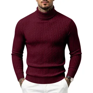 Herren Rollkragen Zopfmuster schmale vertikale Streifen lässiger Langarm Pullover.