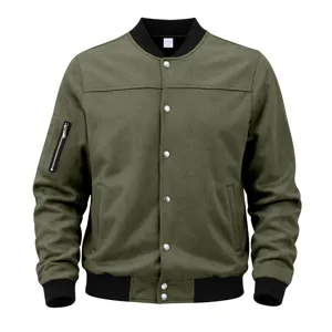 Men's green suede bomber jacket casual vintage baseball coat with snap buttons size XL