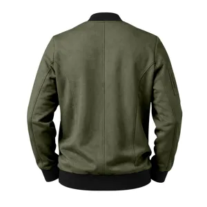Back view details of men vintage olive green suede bomber jacket with black ribbed hem.