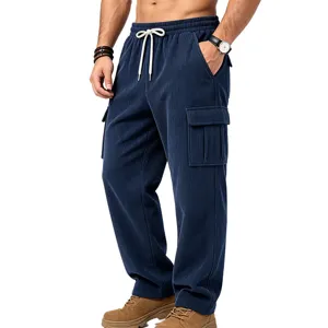 Mens corduroy cargo pants casual straight leg drawstring trousers outdoor streetwear autumn