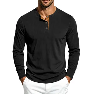 Men's long sleeve waffle knit Henley shirt casual retro contrast color top for autumn.
