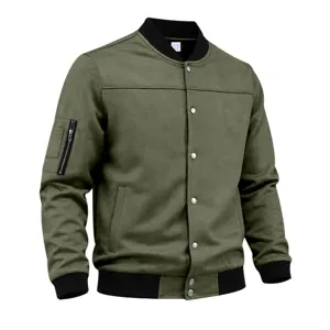 Men vintage suede bomber jacket casual loose military green outerwear with snap buttons.