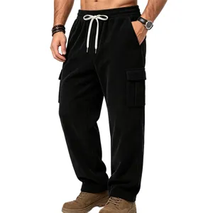 Men's Corduroy Cargo Pants Casual Straight Leg Trousers with Drawstring and Pockets