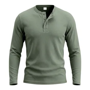 Herren langarm Henley Shirt, lässiger Vintage Waffelstrick Pullover mit Knöpfen.