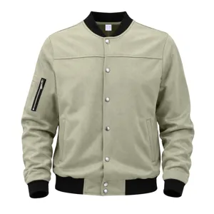 Men's vintage suede bomber jacket, casual loose fit long sleeve baseball coat with pockets.
