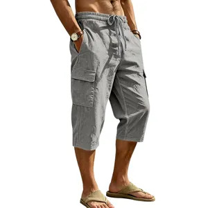 Heren linnen cargo shorts, zomer losse 3/4 vrije tijd broek met handige zakken.