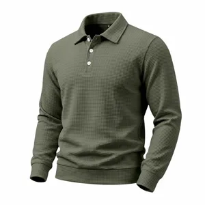 Men's long sleeve waffle knit polo shirt casual solid color pullover stylish daily top
