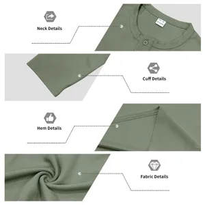 Detaillierte Ansicht des grünen Herren Henley-Shirt Stoffes, Kragens, Bündchens und Saums.
