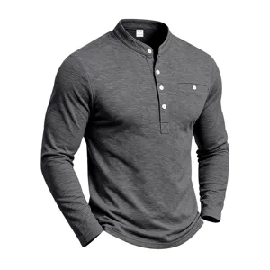 Herren Langarm Henley Shirt lässig atmungsaktiv Strick Stehkragen Oberteil mit Knöpfen.